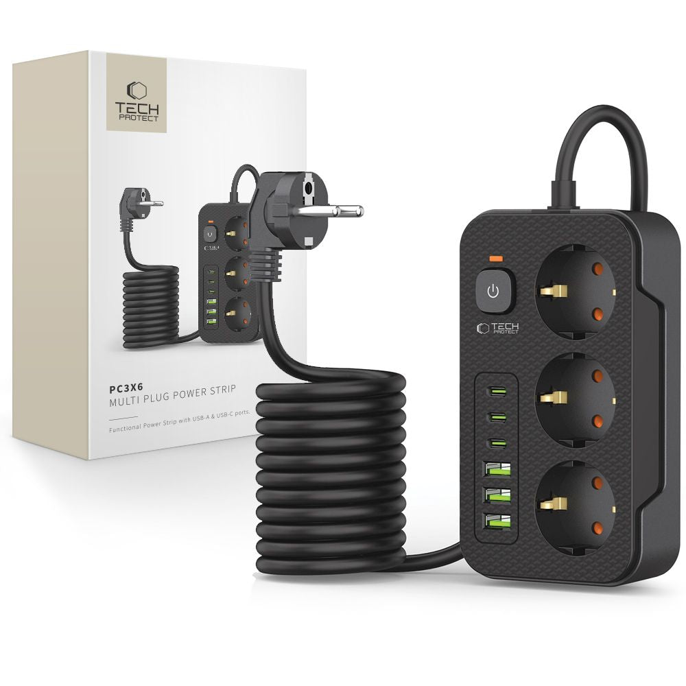 Predlžovačka Tech-Protect PC3X6, 3 x Schuko, Čierna