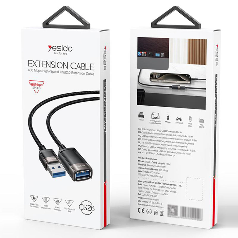 USB predlžovací kábel Yesido GS26, 1.5m, Sivý