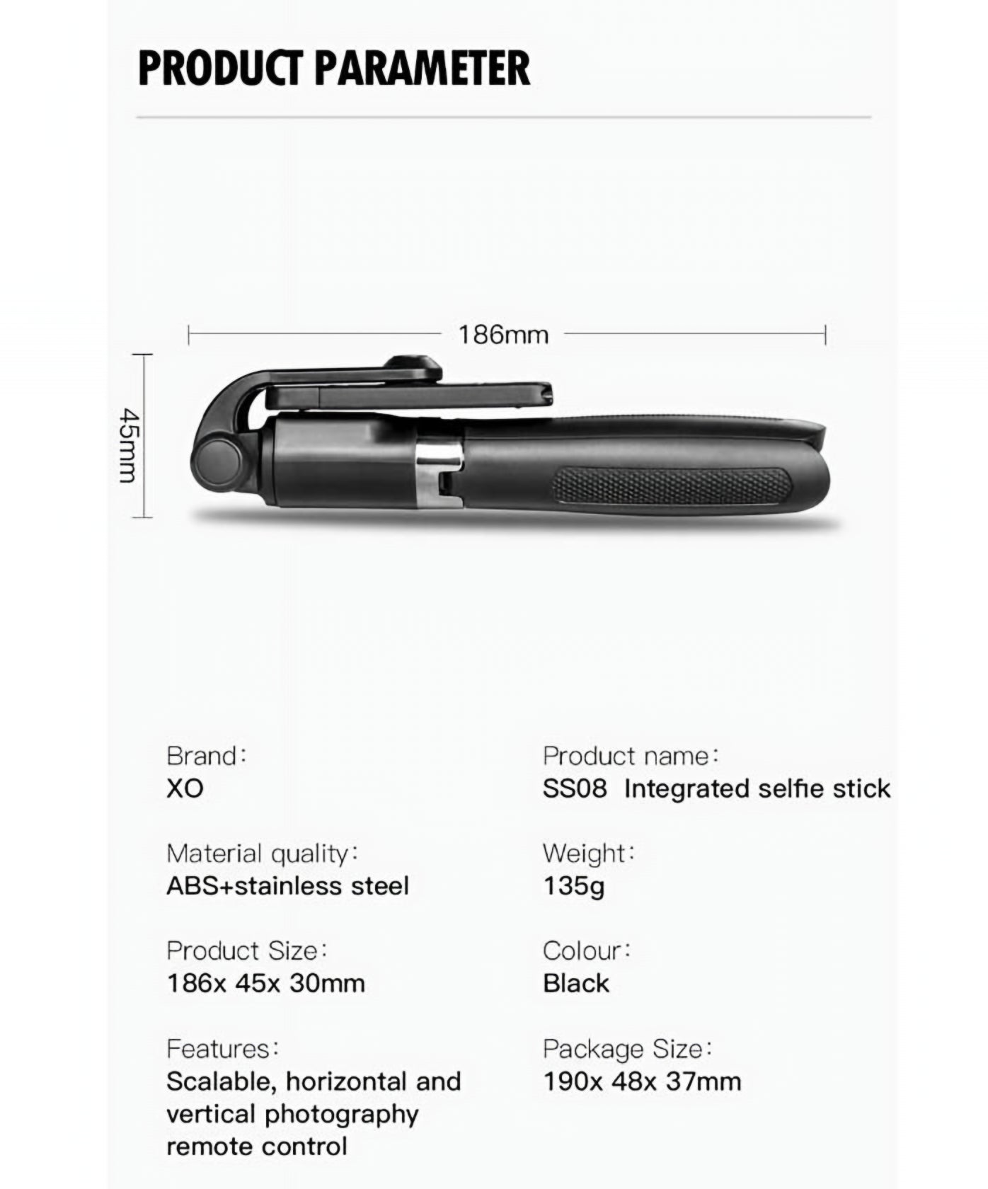 Selfie Stick Bluetooth XO Design SS08, Univerzálny, Čierny