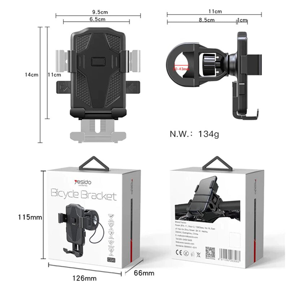 Držiak na bicykel Yesido C94, 4inch - 6.5inch, čierny