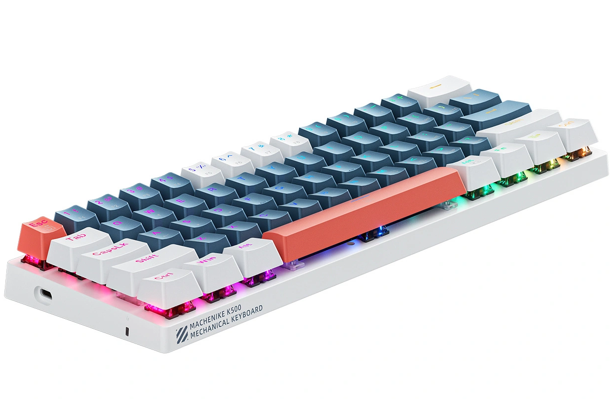 Herná klávesnica s káblovým pripojením USB Machenike K500-B61 mechanická, RGB, modro-biela