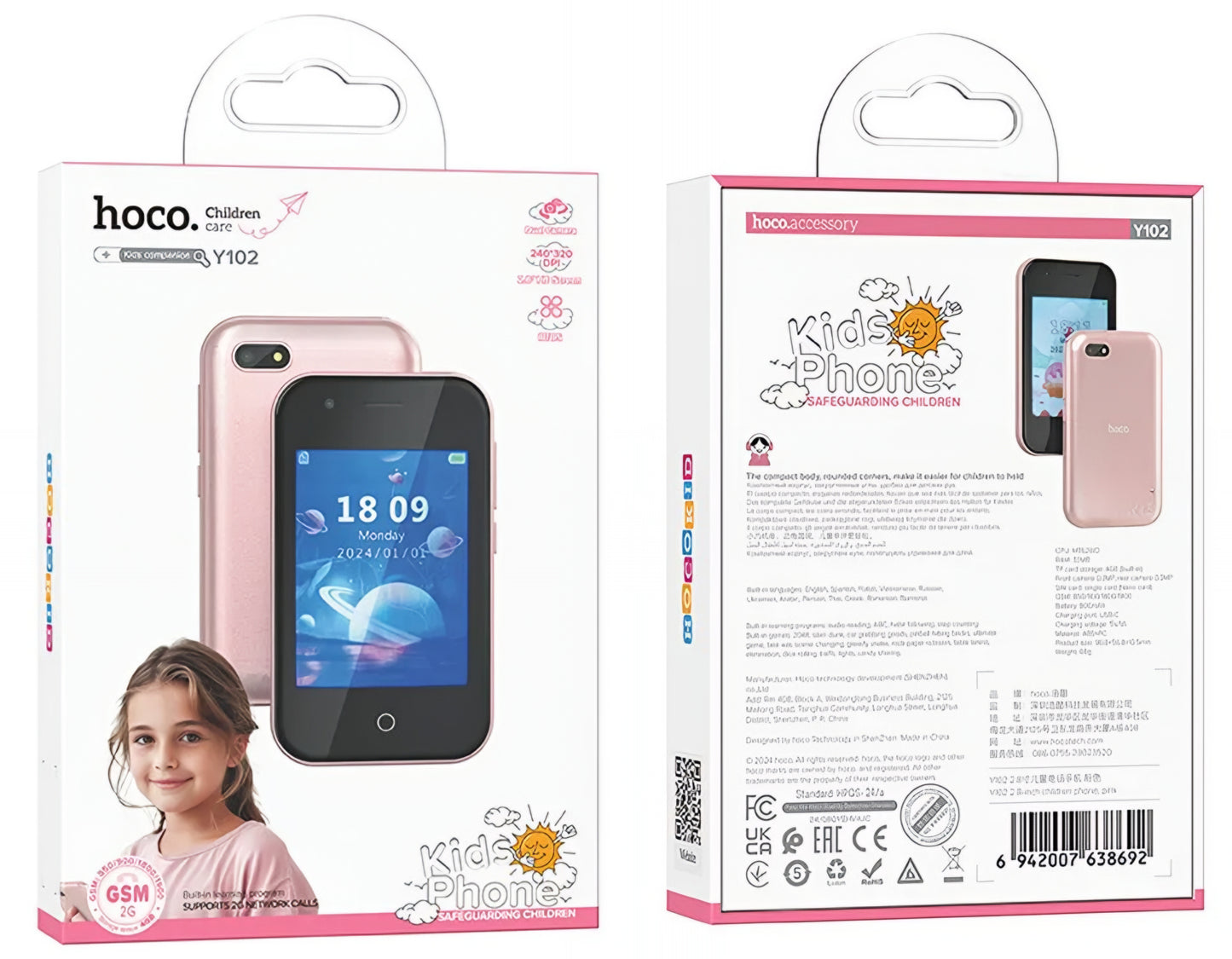 Mobilný telefón HOCO Y102 Kids, 2G, Displej 2.8 palca, Ružový